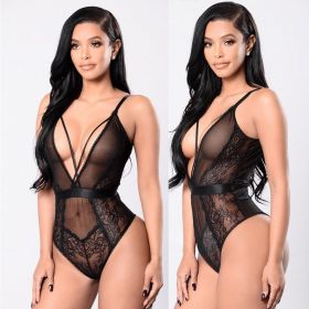Fashion Sleepwear Backless Teddies Hollow Bodysuit Floral Lace Halter One Piece Sexy Lingerie (Color: black)
